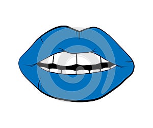 Vector blue lip symbol isolated on white background. kiss black lip contour. linear icon illustration. Woman`s lips drawing