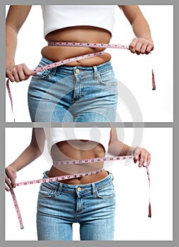 Woman`s body before and after weight loss. Diet concept