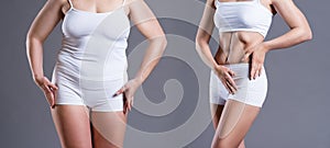 Woman`s body before and after weight loss on gray background