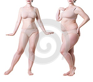 Woman`s body before and after weight loss isolated on white background