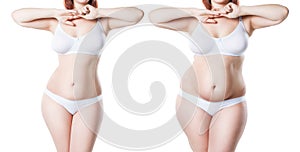 Woman`s body before and after weight loss isolated on white background