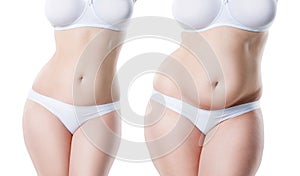 Woman`s body before and after weight loss isolated on white background