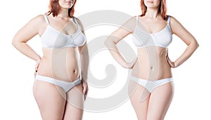 Woman`s body before and after weight loss isolated on white background