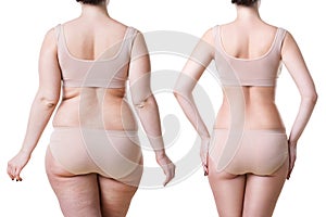 Woman`s body before and after weight loss isolated on white background