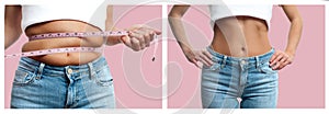 Woman`s body before and after weight loss on pastel pink background