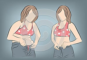 Woman`s body before and after weight loss. vector illustration.