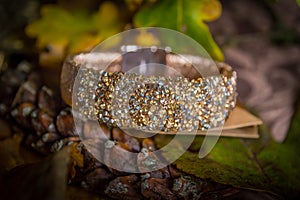 Woman`s bracelet, gold colored with shiny fake diamonds, in close-up on autumn colored background and mood. Perfect jewelry for a