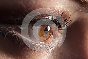 Woman`s brown eye peeping in darkness