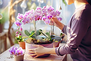 A woman\'s caring touch tends to a blooming Phalaenopsis orchid