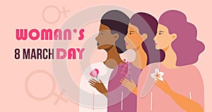 Woman's day concept vector on flat style. Event is celebrated in 8th March Girl power and feminism illustration for web