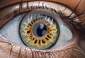 Woman\'s eye with brown-green bicolor iris close-up