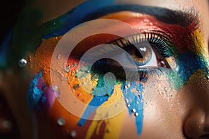 A woman's eye close-up with colorful makeup. Holi Concept. Generation AI