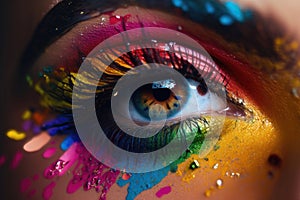 A woman's eye close-up with colorful makeup. Holi Concept. Generation AI