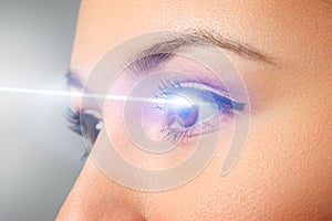 Woman`s eye close-up. Laser beam on the cornea. Concept of laser vision correction photo