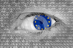 Woman's eye with flag of EU European Union and binary code numbers