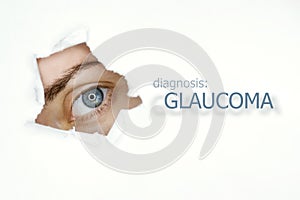 Woman`s eye looking trough teared hole in paper, word Glaucoma on right photo