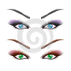 The woman`s eyes with perfectly shaped eyebrows and full lashes with intense make-up