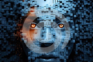 woman\'s face with 3D cubes and particles in space as symbol of augmented reality and computer technologies of future