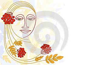 Woman`s face, berries, rowan leaves in an avant-garde style