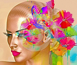 A woman`s face is combined with floral arraignments, vibrant colors and so much more