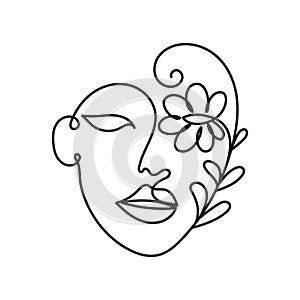 Woman`s face with a flower. Drawn with a continuous line. Black and white. Vector