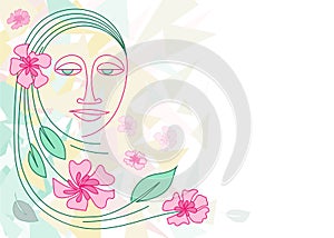 A woman`s face, flowers, cherry leaves in an avant-garde style