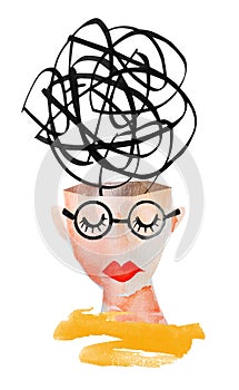 Woman\'s face in glasses with a tangled ball of thought watercolor illustration photo