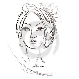 A woman's face, hairstyle with flower, vector