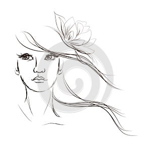 A woman's face, hairstyle with flower, vector