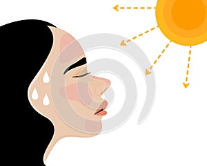 A woman\'s face with heatstroke, having sunstroke in summer hot weather. Flat vector illustration