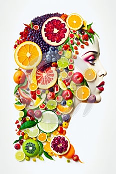 Woman's face made up of fruits and vegetables, including oranges, kiwis, grapes, and lemons. Generative AI