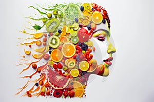 Woman's face made up of fruits and vegetables, including oranges, kiwis, raspberries, and lemons. Generative AI