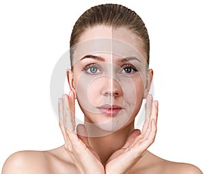 Woman`s face before and after rejuvenation. photo