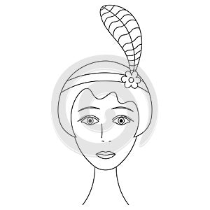 Woman`s face. Sketch. Head of a girl from 1920. Vector illustration. Short hair. Hairstyle a la garcon.