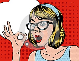 A Woman`s face with a speech bubble over halftone background