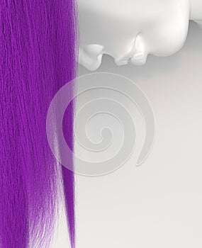 Woman`s face upside down with long flowing purple hair on a white background. Bright colorful hair. Creative conceptual