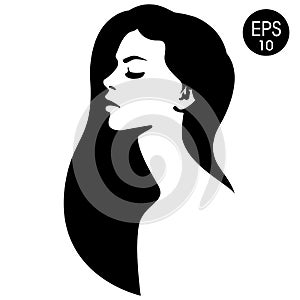 Woman`s face. Vector fashion illustration. Black and white silhouette