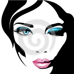 Woman`s face. Vector illustration. Realistic pink lips ann blue eyes with chic eyelashes