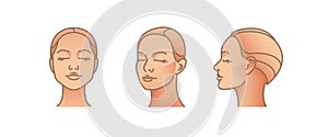 Woman`s face on white background. Various turns heads. Face in front view, side view. Vector illustration