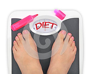 Woman' s feet on bathroom scale