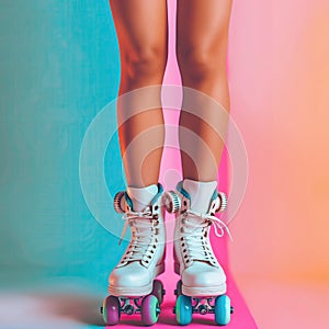 Woman& x27;s feet shod in roller skates