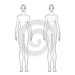 Woman`s figure sketch for technical drawing with main lines. Vector outline girl model template for fashion sketching.