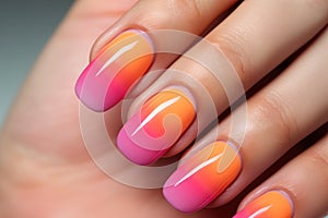 Woman\'s fingernails with bright pink and orange ombre colored nail polish design