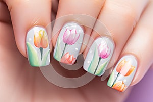 Woman\'s fingernails with colorful tulip spring flower nail art design