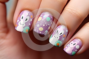 Woman\'s fingernails with cute Easter nail polish design with white bunnies on purple base