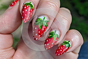 Woman\'s fingernails with cute red strawberry summer nail art design