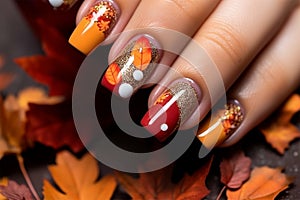 Woman\'s fingernails with orange and gold colored nail polish with autumn forest themed design