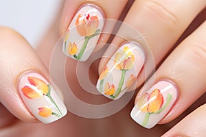 Woman\'s fingernails with orange tulip spring flower nail art design