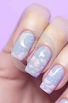 Woman\'s fingernails with pastel colored sky with clouds and stars design nail polish