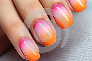 Woman\'s fingernails with pink and orange ombre colored nail polish design